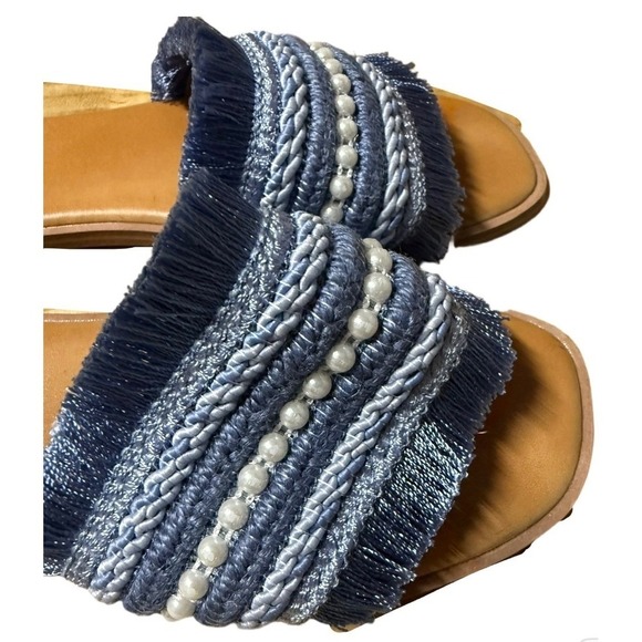 ALDO Denim Fringe Slide Sandals | Size 8 | Pearl Embellished - Picture 5 of 7